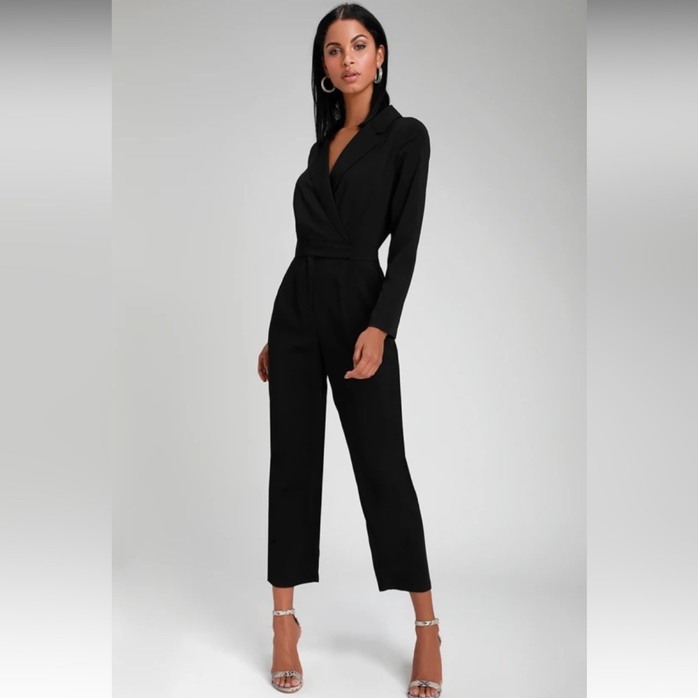 Lulus Power Pose Black Long Sleeve Collared Jumpsuit
